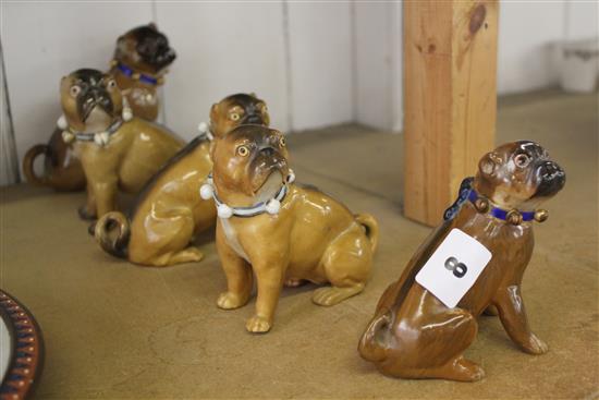 Five Dresden porcelain models of Pug dogs, some damage